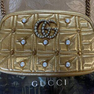 Gucci GG Marmont Small Shoulder Bag Gold Leather With Pearls